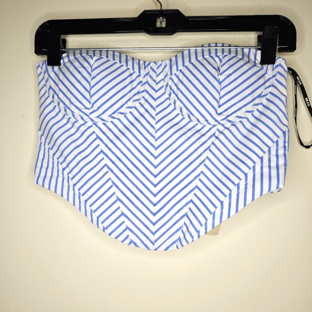 SER.O.YA Blue and White Striped Crop Bustier Top